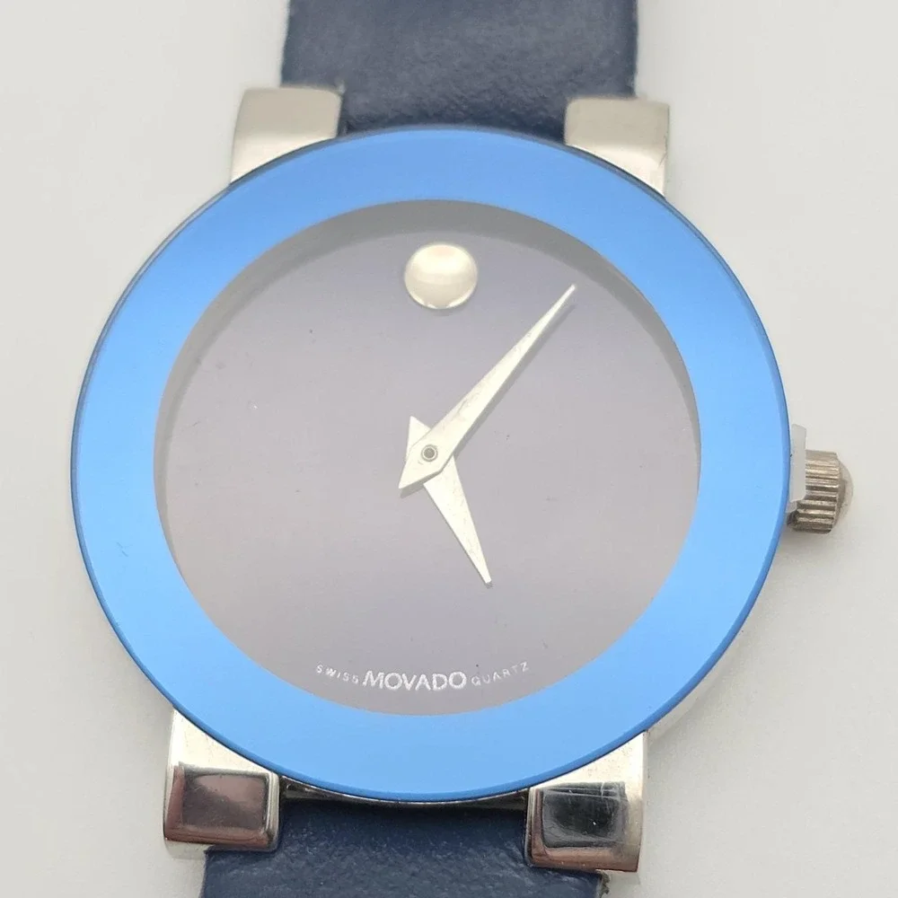 MOVADO Museum Ladies Watch Swiss Movement Blue Dial Navy Blue‎ Bezel New Battery